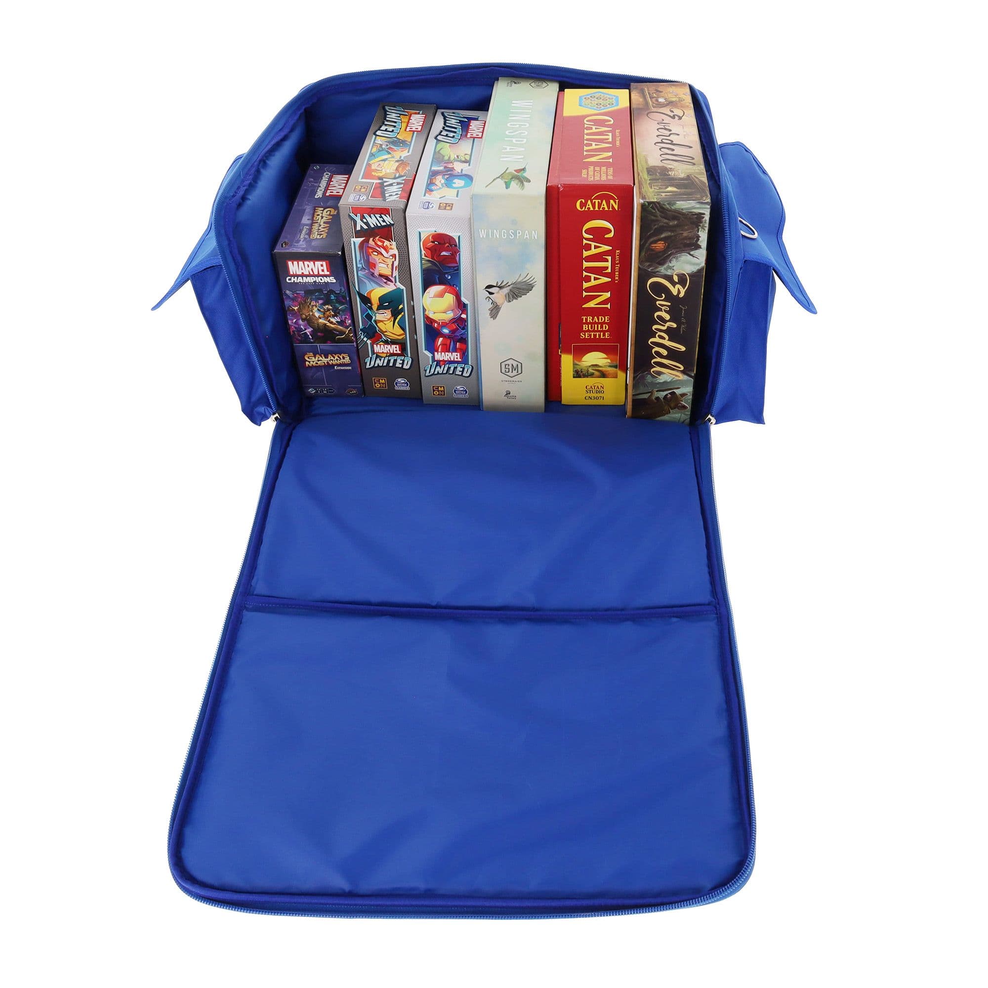 the BCW Board Game Bag in blue, with the top fully unzipped and laid open, displaying its capacity to hold multiple board games. Inside the bag are several games neatly organized.