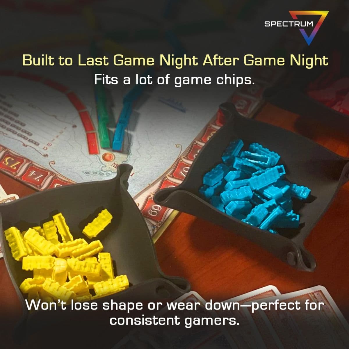Spectrum Board Game - Bit Trays - Black infographic, Built to Last Game Night After Game Night. Fits a lot of game chips. Won't lose shape or wear down - perfect for consistent gamers.