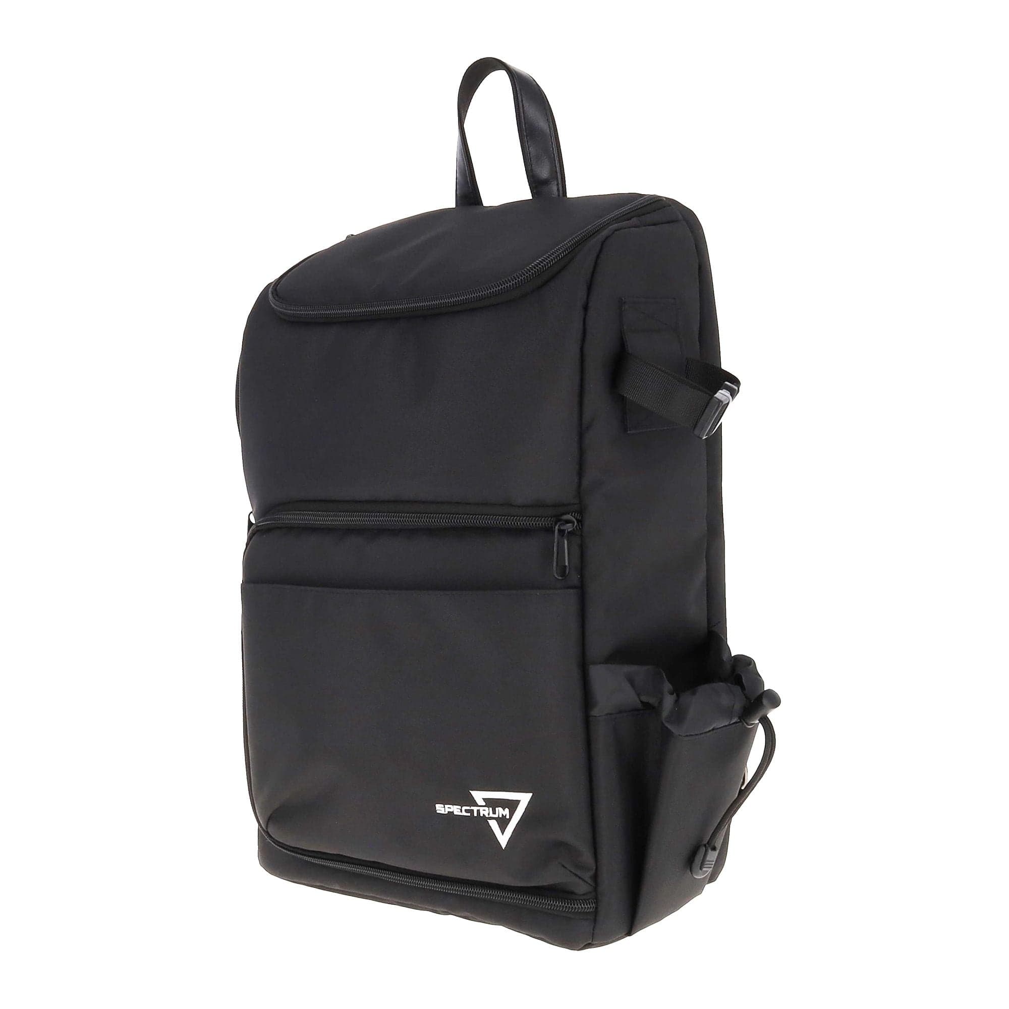 Black Spectrum TCG Backpack, featuring a zippered main compartment and top compartment, a front pocket, a side playmat holder with a drawstring closure, and the Spectrum logo in white at the bottom corner