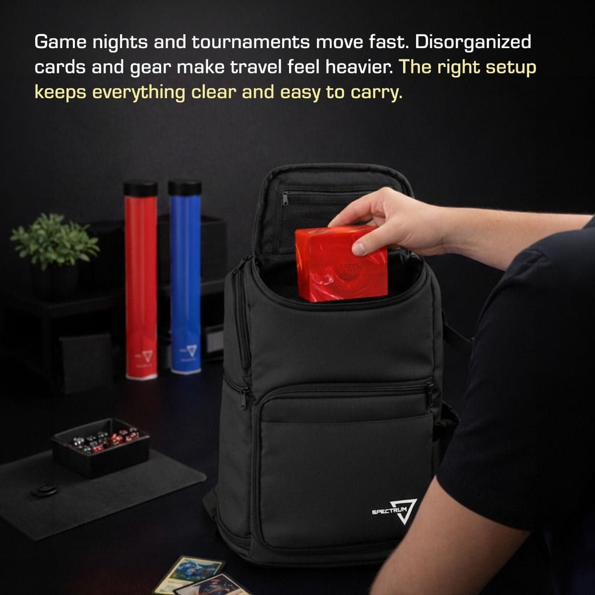 Spectrum TCG Backpack Infographic, Game nights and tournaments move fast. Disorganized cards and gear make travel feel heavier. The right setup keeps everything clear and easy to carry.