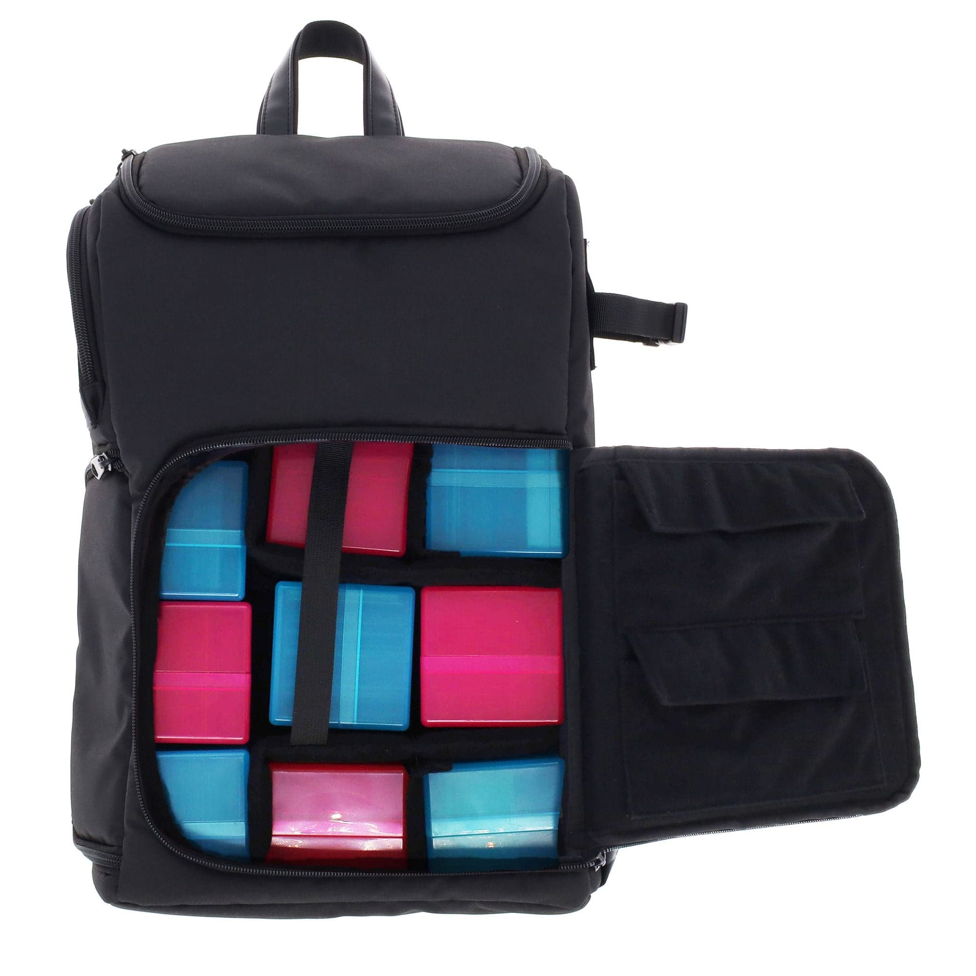 Black Spectrum TCG Backpack shown open, displaying the configurable interior compartments filled with colorful card deck boxes in blue and pink. The right side of the backpack flap has additional pockets for accessories or smaller items.