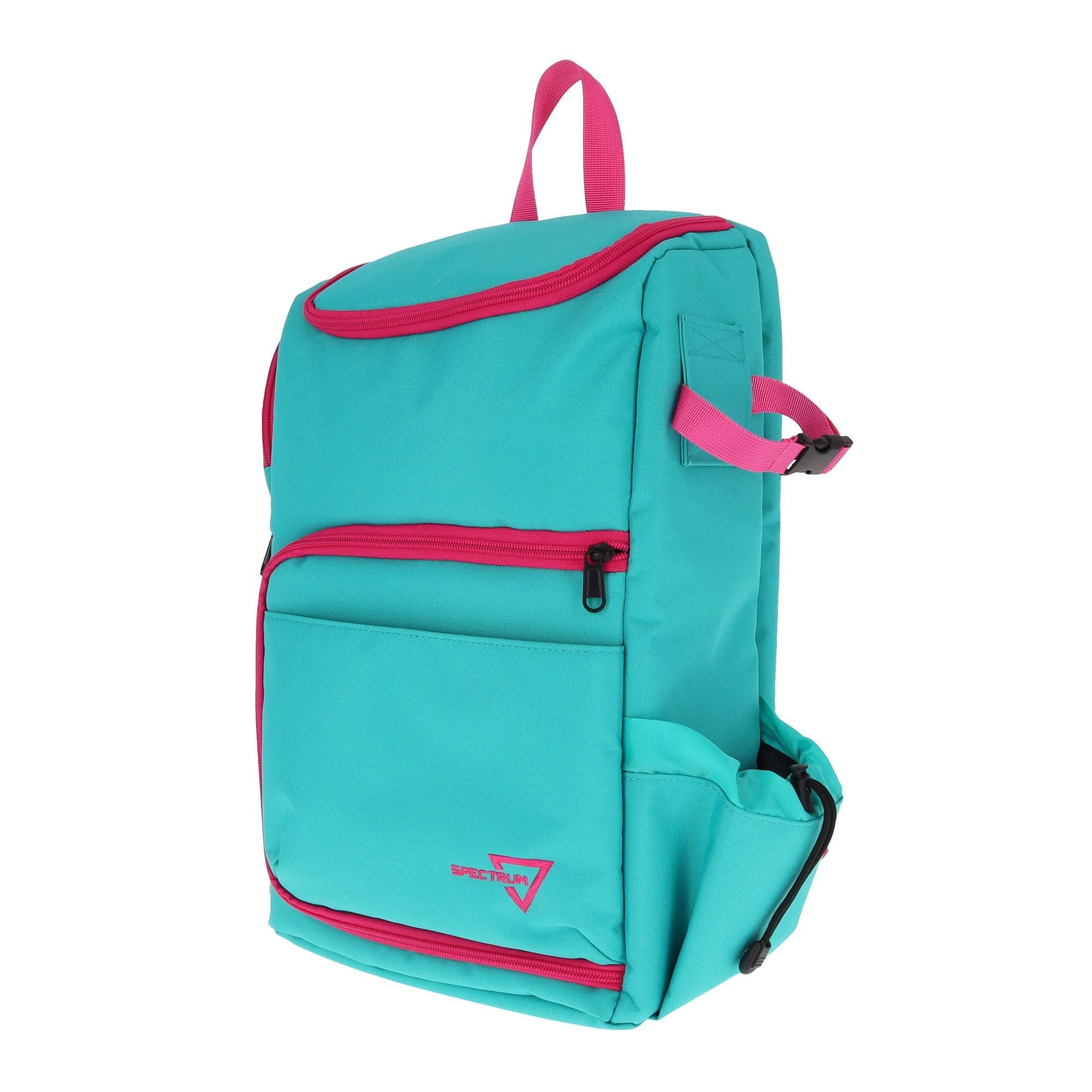 Teal Spectrum TCG Backpack, featuring a zippered main compartment and top compartment, a front pocket, a side playmat holder with a drawstring closure, and the Spectrum logo in pink at the bottom corner