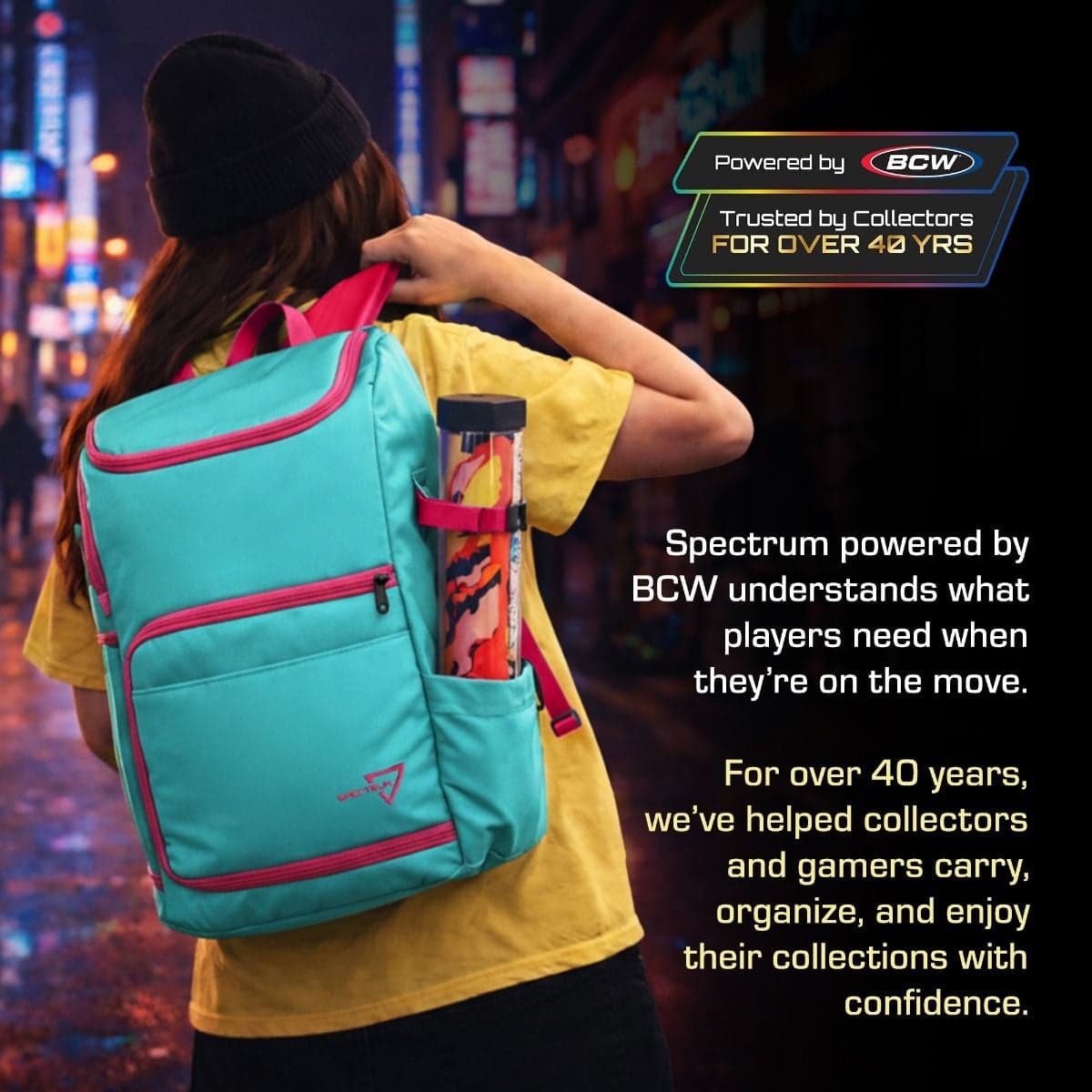 Spectrum Backpack Infographic showing young person wearing a gamma purple backpack on back, wearing back beanie hat and yellow T shirt, walking down a city street, grabbing a strap to adjust the bag. The bag contains a poster tube in the right side pocket