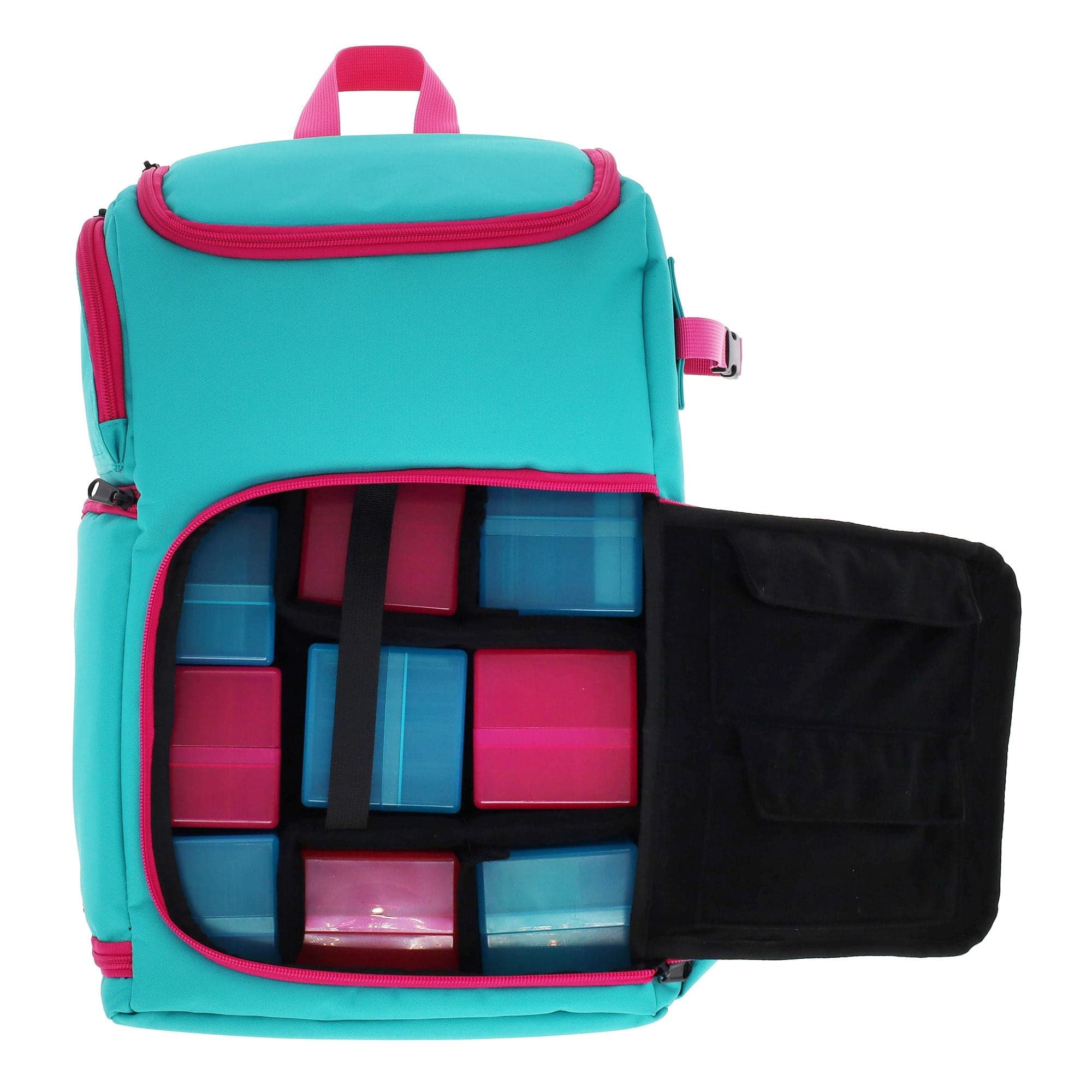 Teal Spectrum TCG Backpack shown open, displaying the configurable interior compartments filled with colorful card deck boxes in blue and pink. The right side of the backpack flap has additional pockets for accessories or smaller items.
