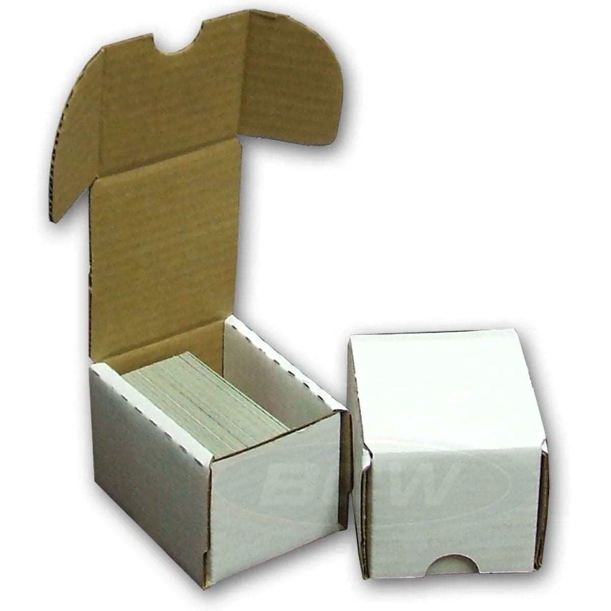 2 BCW 100 count boxes, one closed, one open partially filled with cards