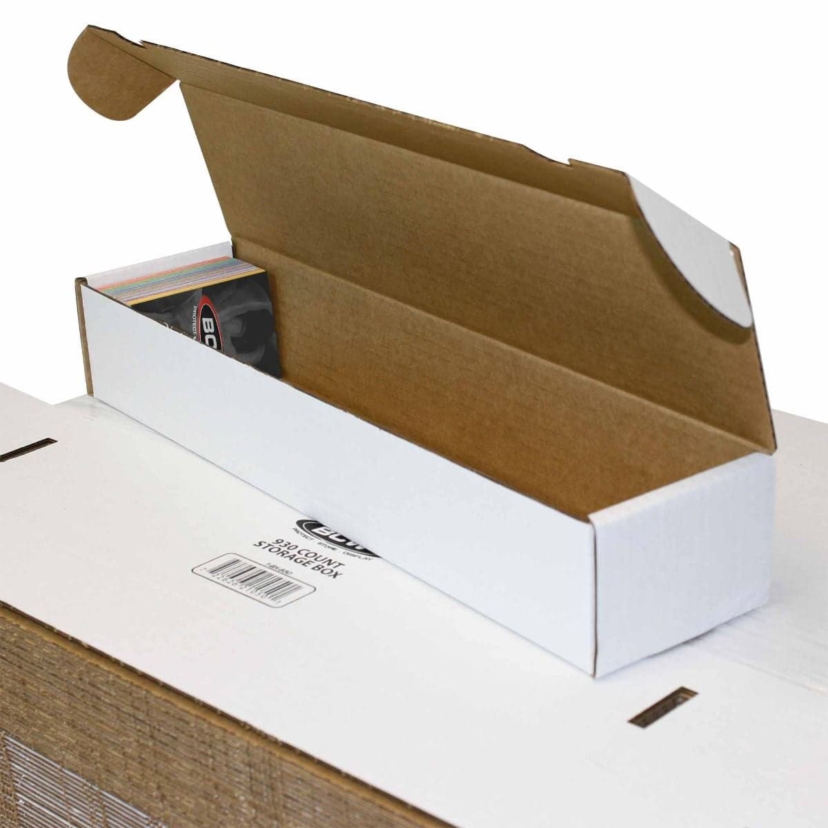 BCW 930 count box partially filled with cards over bundle of cards