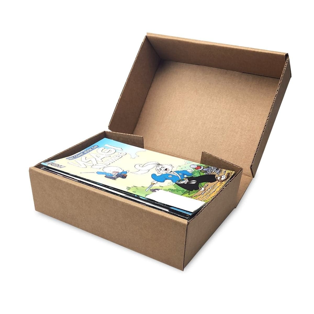 BCW comic book mailer open with stack of comics inside
