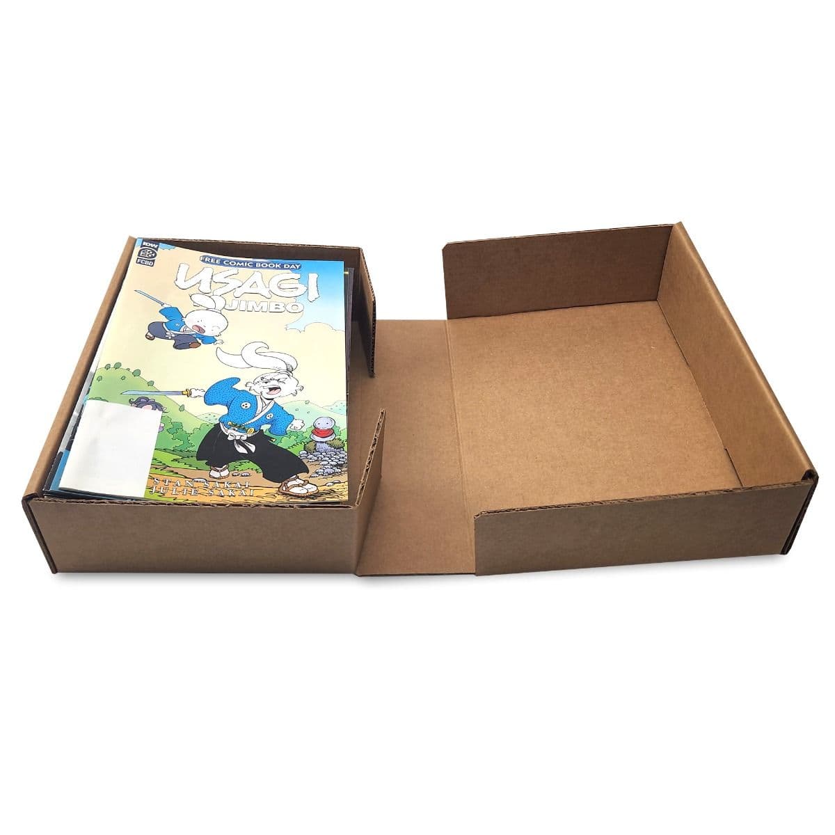 BCW comic book mailer open with stack of comics inside, short side view