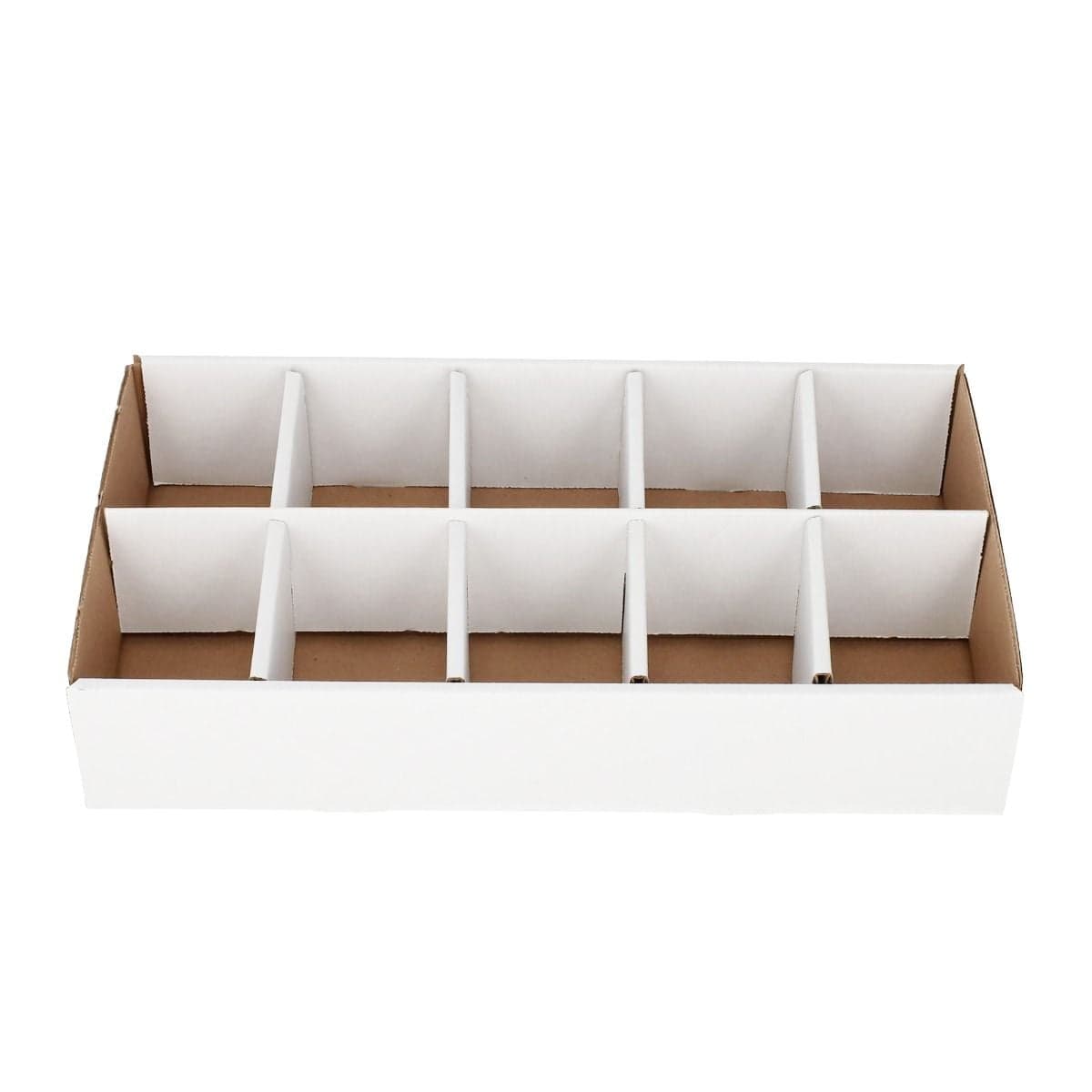 Front view of the empty BCW Sorting Tray Storage Box showing 10 divided compartments designed to separate trading cards by deck or category for organized storage and easy access.