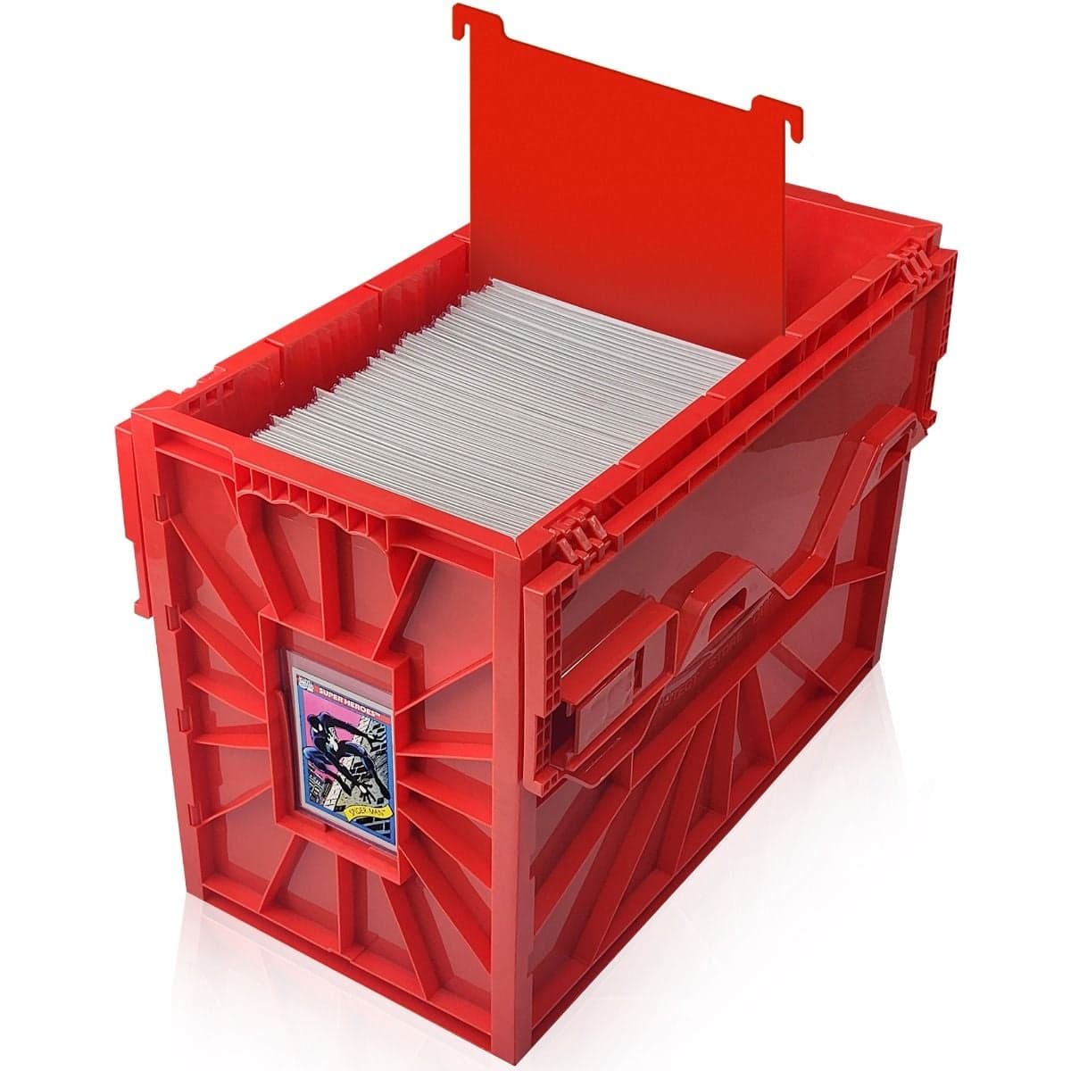 Open BCW Red comic book short bin with comics, lid up
