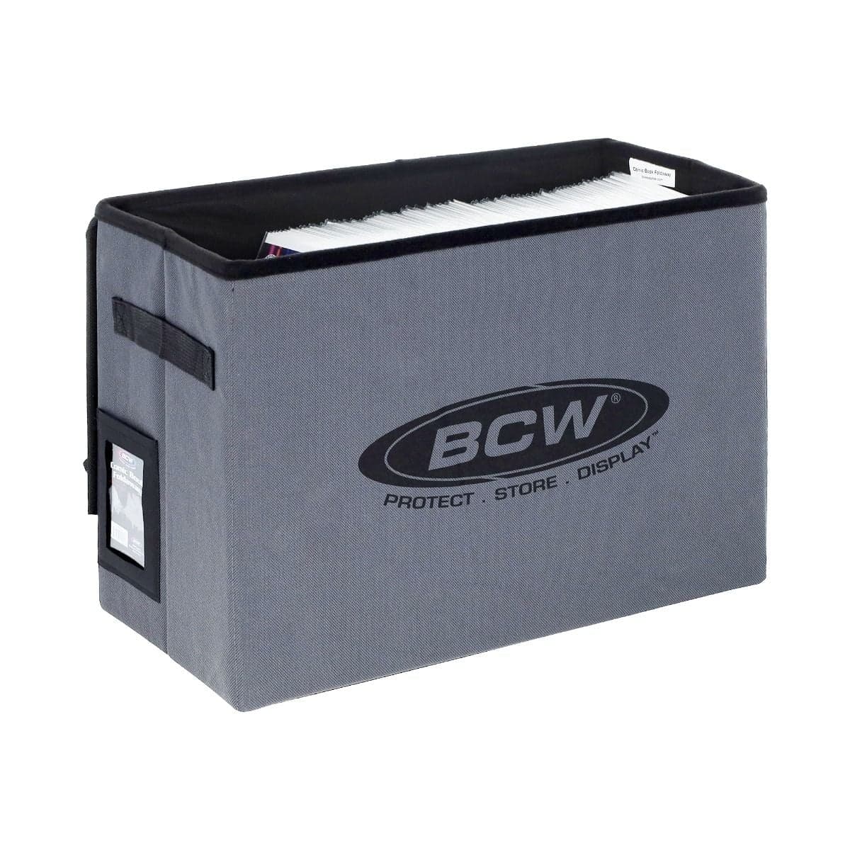 BCW Comic Book Foldaway, angled opened and full of comic books.