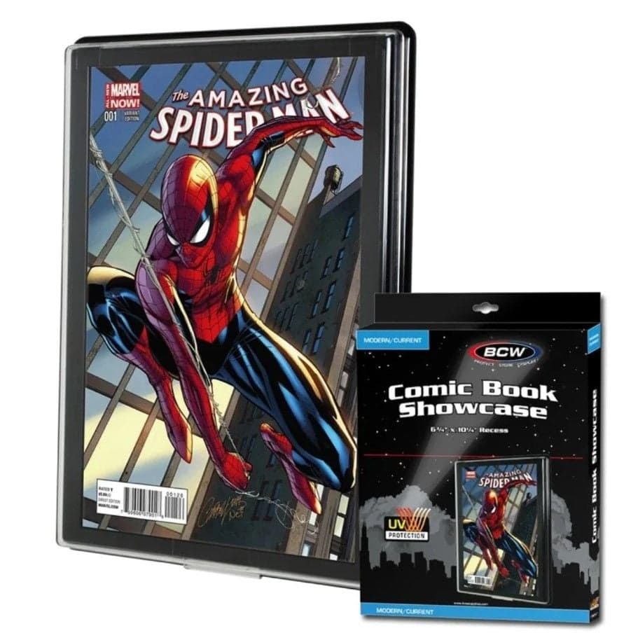 Package for BCW Current UV protected comic book showcase with comic in display
