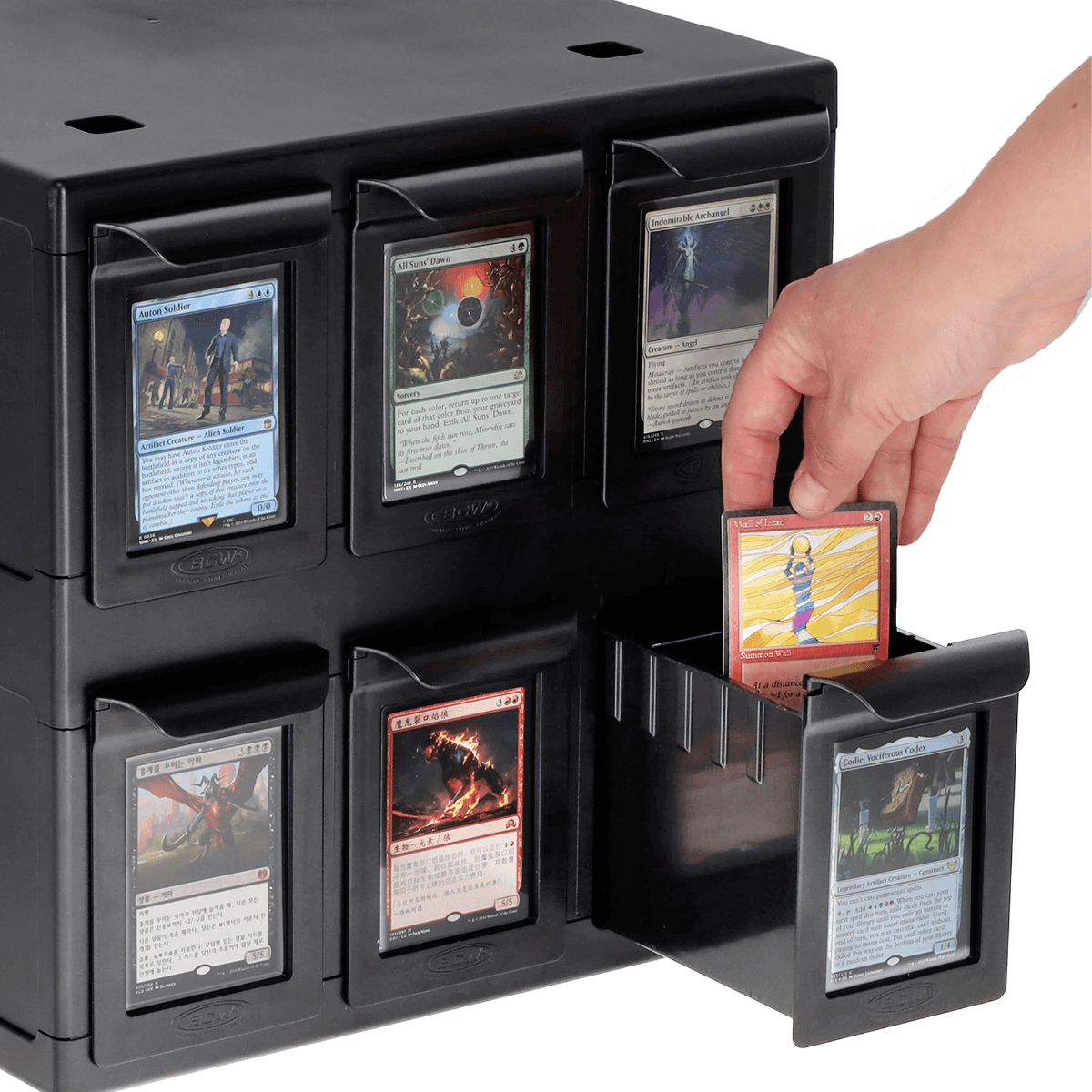 6 Drawer Card Catalog - Black, hand inserting card into tray