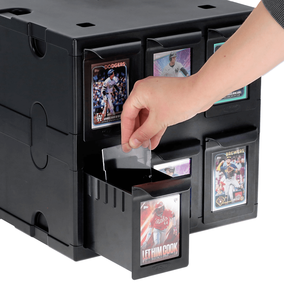 6 Drawer Card Catalog - Black, hand inserting clear partition into tray