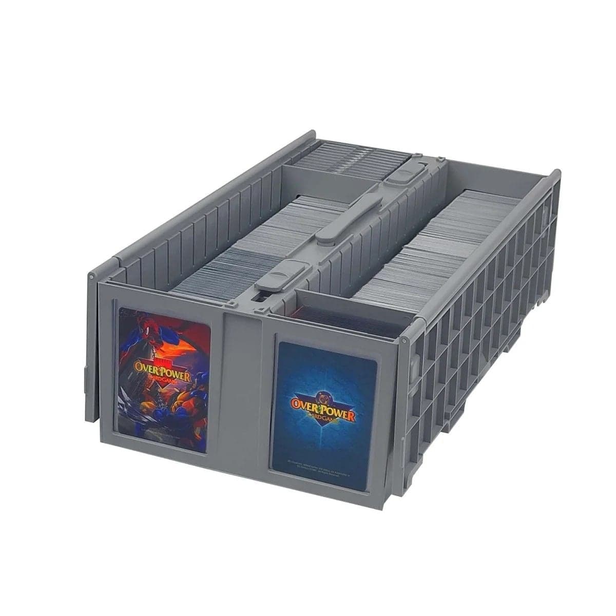 BCW 1600 count Collectible Card Bin gray. open with marvel cards