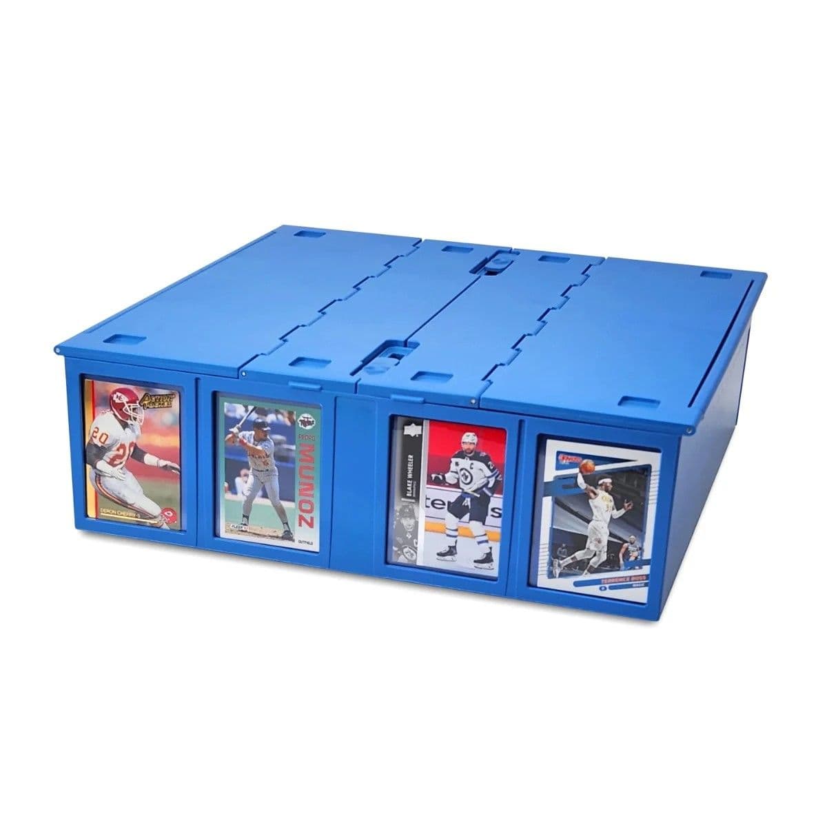 BCW Collectible Card Bin 3,200 ct. Blue. with lid closed and front toploads filled with sports cards