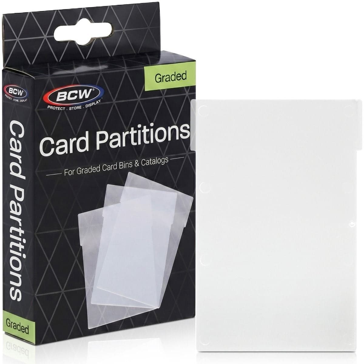 BCW Graded Card Partitions in retail packaging shown beside a frosted plastic divider designed to organize and separate graded trading cards in storage bins and catalogs.