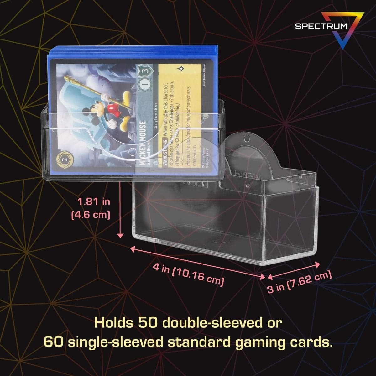 Spectrum Prism Deck Case-50 CT-Crystal Clear infographic, Holds 50 double-sleeved or 60 single-sleeved standard sized gaming cards.