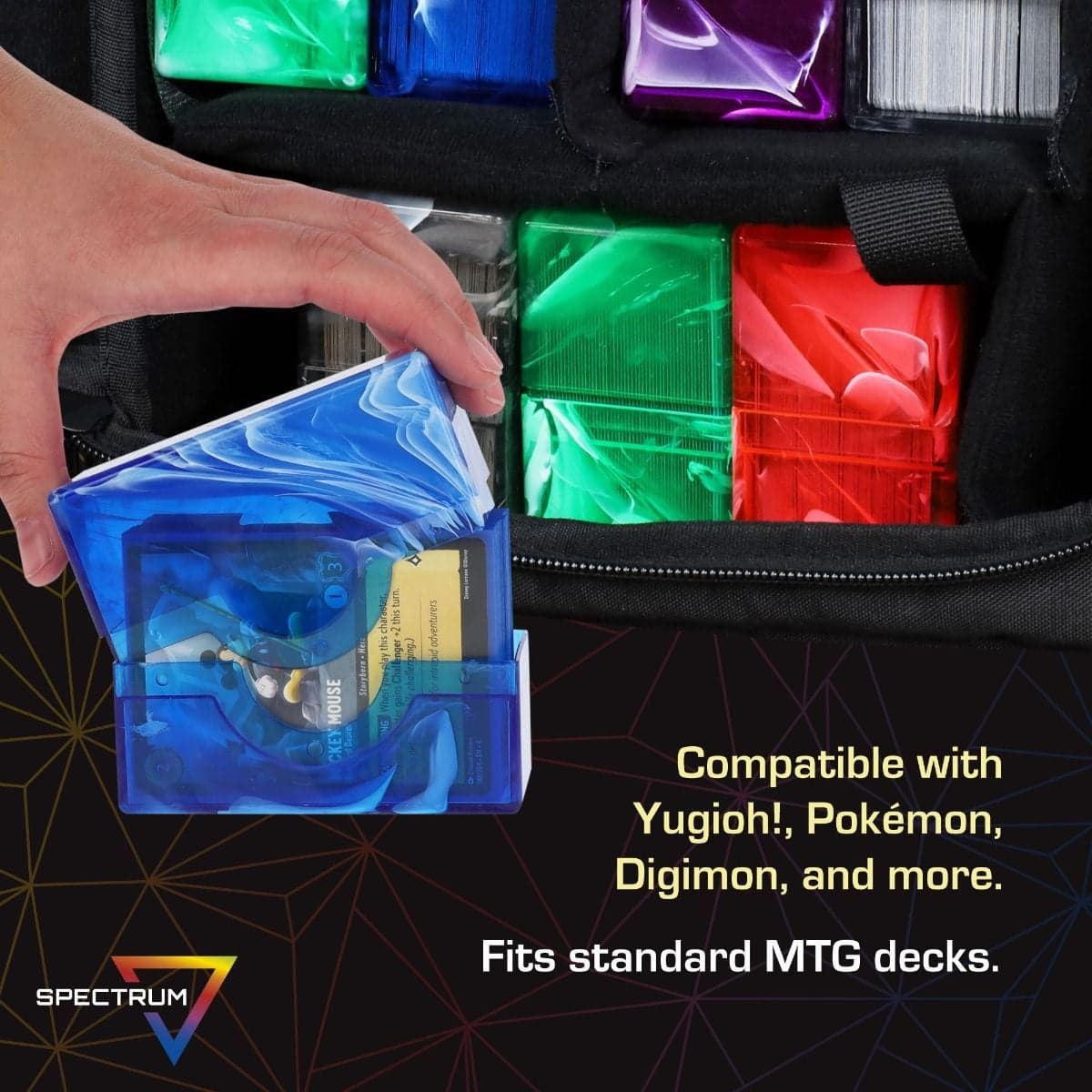 Spectrum Prism Deck Case-50 CT-Crystal Clear infographic, compatible with Yu-Gi-Oh!, Pokemon, Digimon, and more. Fits standard MTG decks.