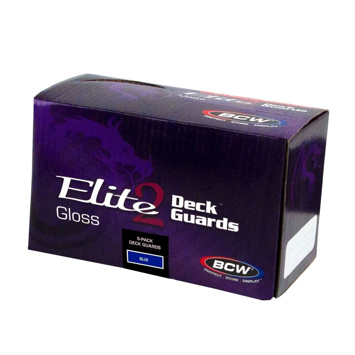 One box of 5 packs of BCW Deck Guard Elite2 in blue. The lid of the box is closed.