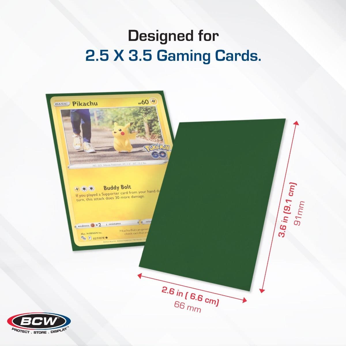 BCW Deck Guard - Double Matte - Green infographic, specs and measurements, Designed for 2 1/2" x 3 1/2" Gaming Cards.