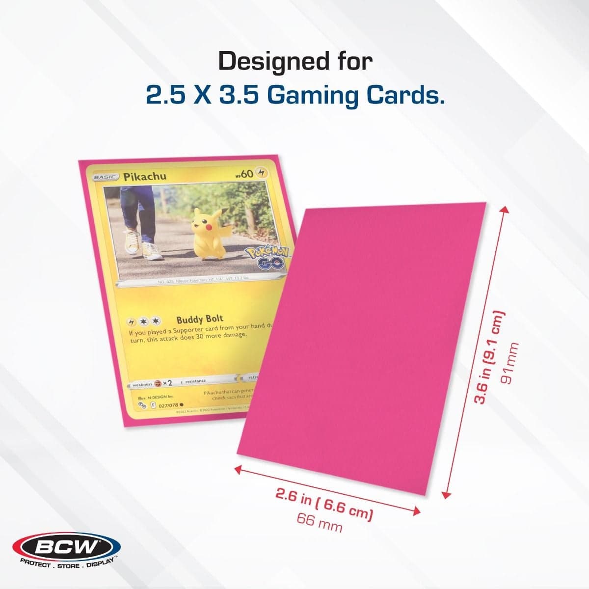 BCW Deck Guard - Double Matte - Pink infographic, specs and measurements, Designed for 2 1/2" x 3 1/2" Gaming Cards.