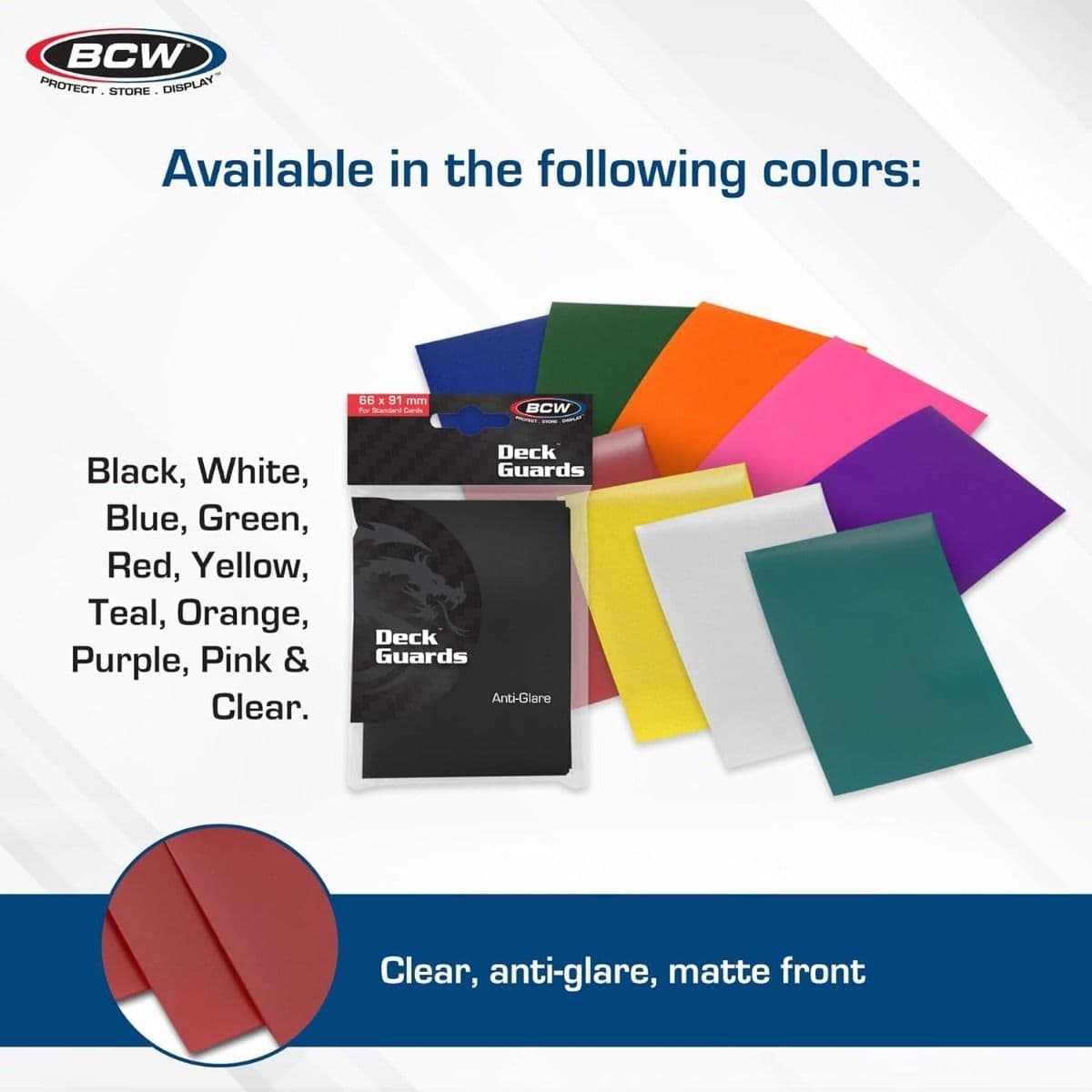 BCW Deck Guard - Double Matte - Green infographic, Available in the following colors: Black, White, Blue, Green, Red, Yellow, Teal, Orange, Purple, Pink and Clear.