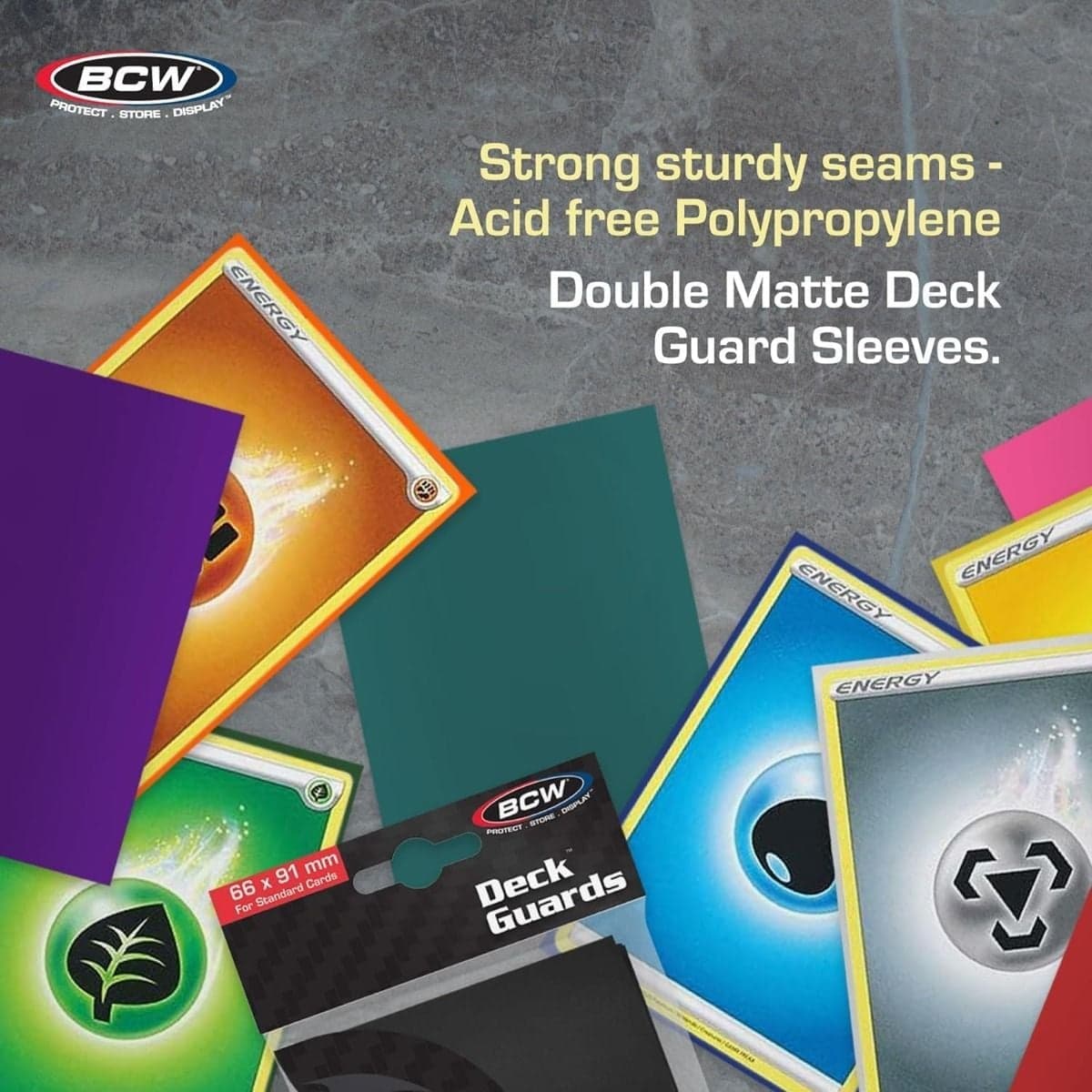BCW Deck Guard - Double Matte - Green infographic, Strong sturdy seams and acid-free polypropylene. Double Matte Deck Guard Sleeves