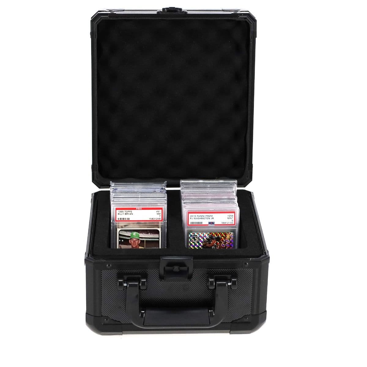 BCW 2-Row Graded Latching Case open with sports cards in slabs