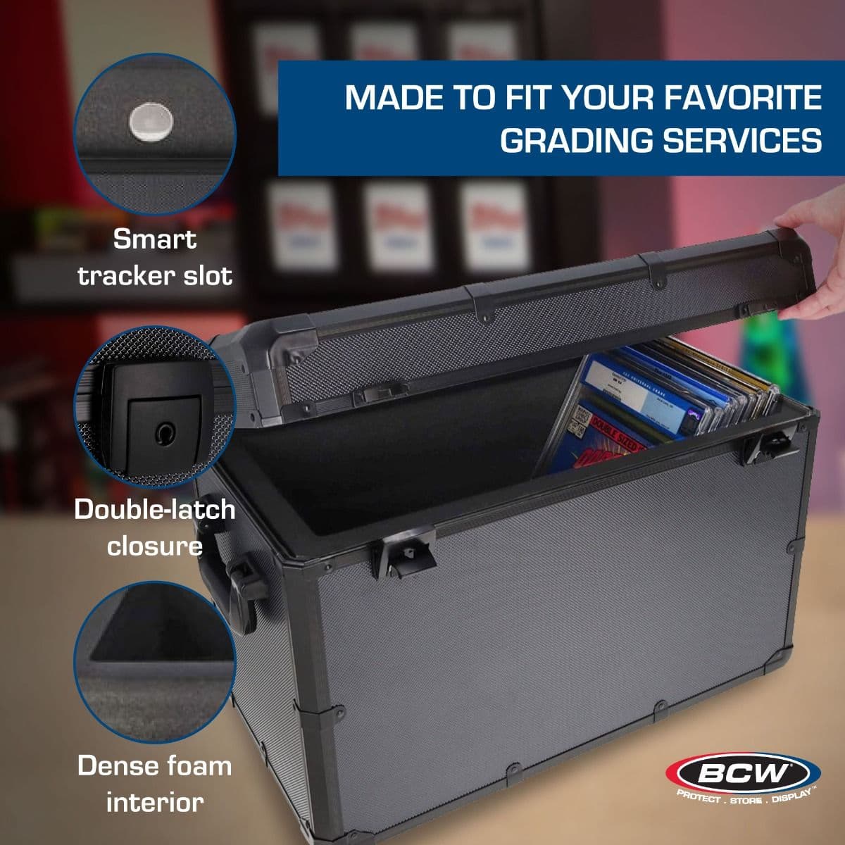 Infographic: Smart tracker slot. Double-latch closure. Dense foam interior