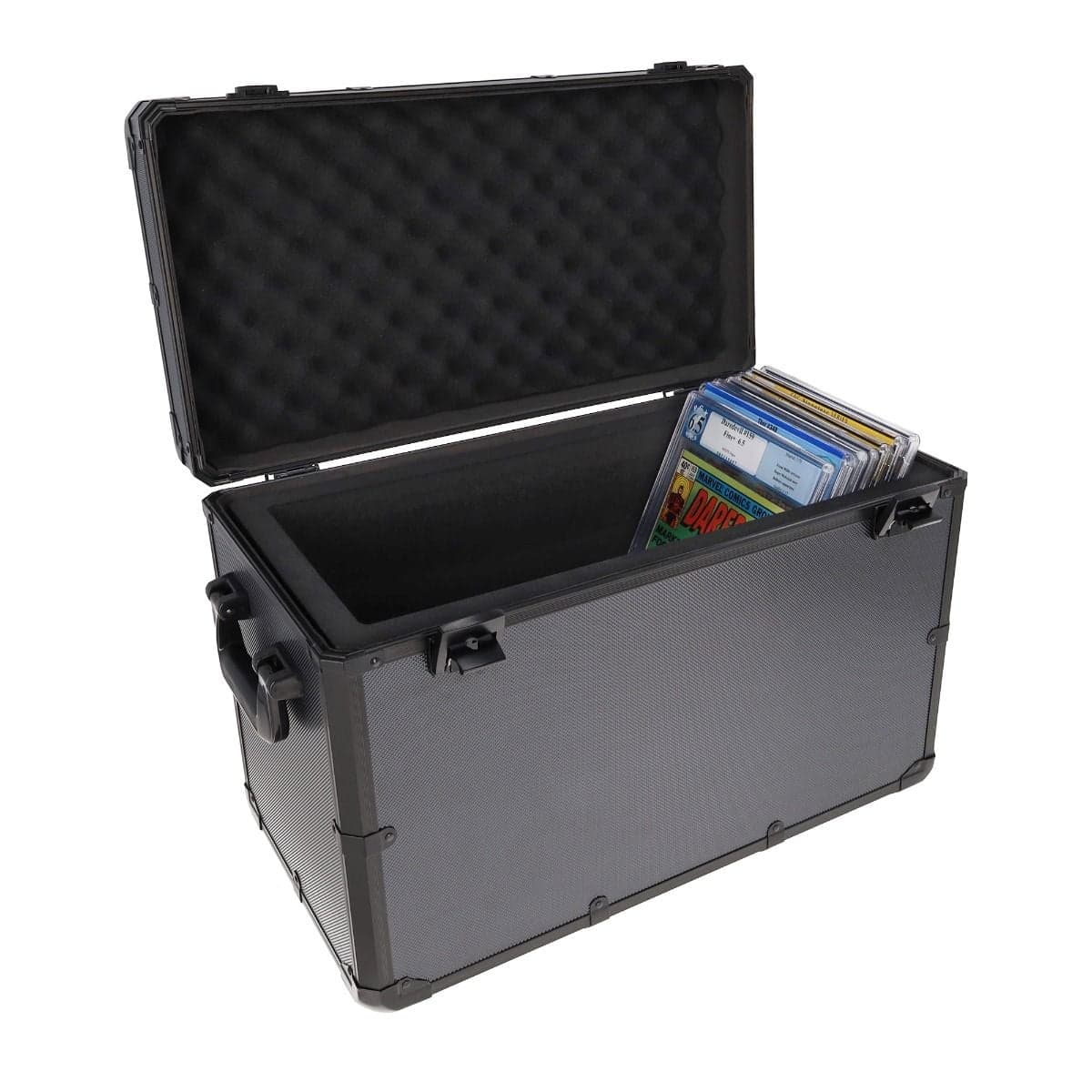X-Large Graded Latching Case - Comics - 30 ct, angled view, open with a few graded comics being stored inside