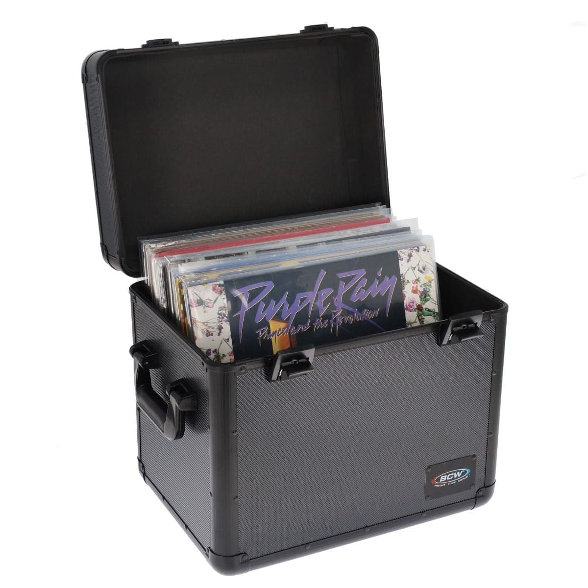BCW Latching Case - 12 Inch Records angled with lid open, showcasing it's capacity for LP storage.