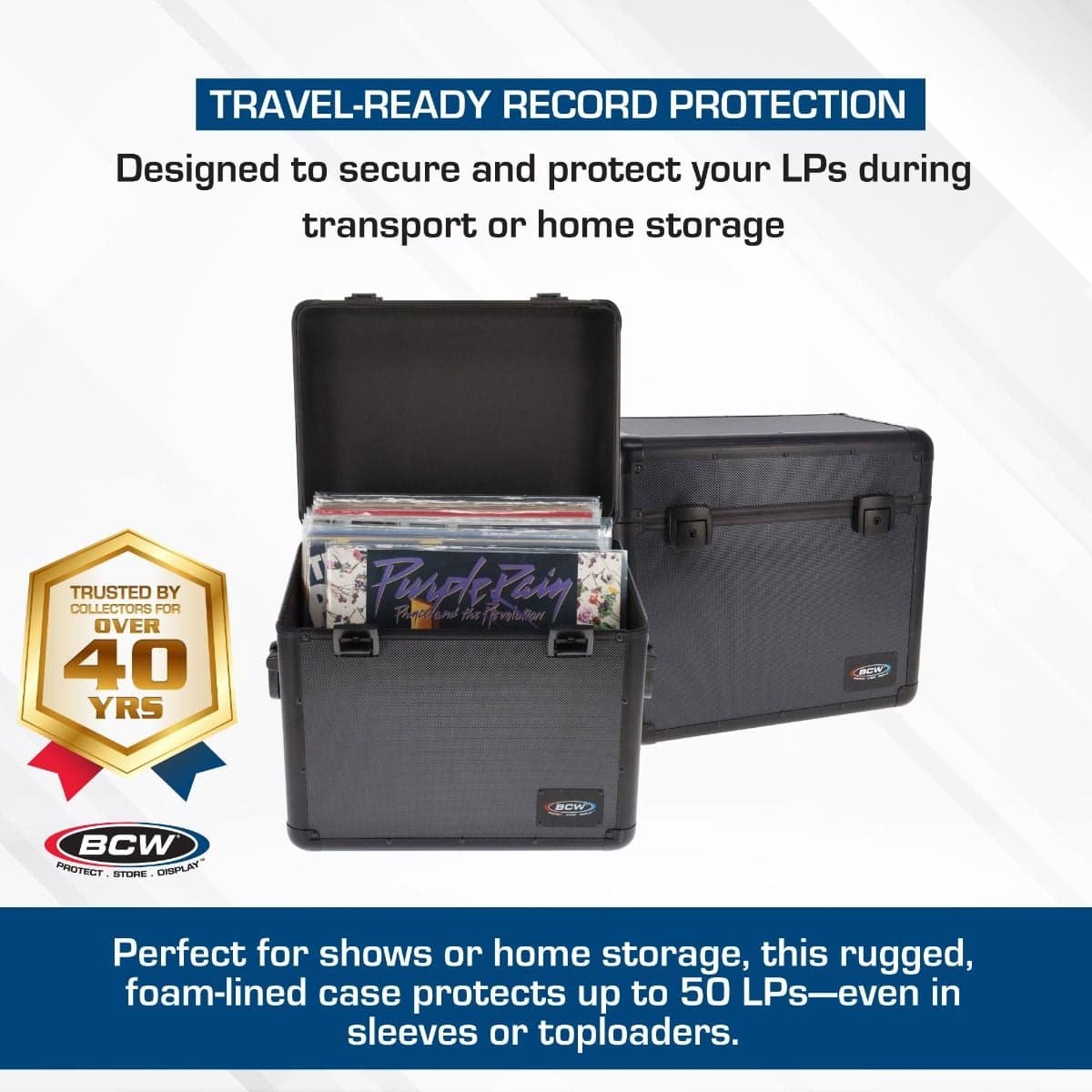 Infographic: Travel-Ready Record Protection: Designed to secure and protect your LP's during transport or home storage. Perfect for shows or home storage, this rugged, foam-lined case protects up to 50 LP's -even in sleeves or toploaders
