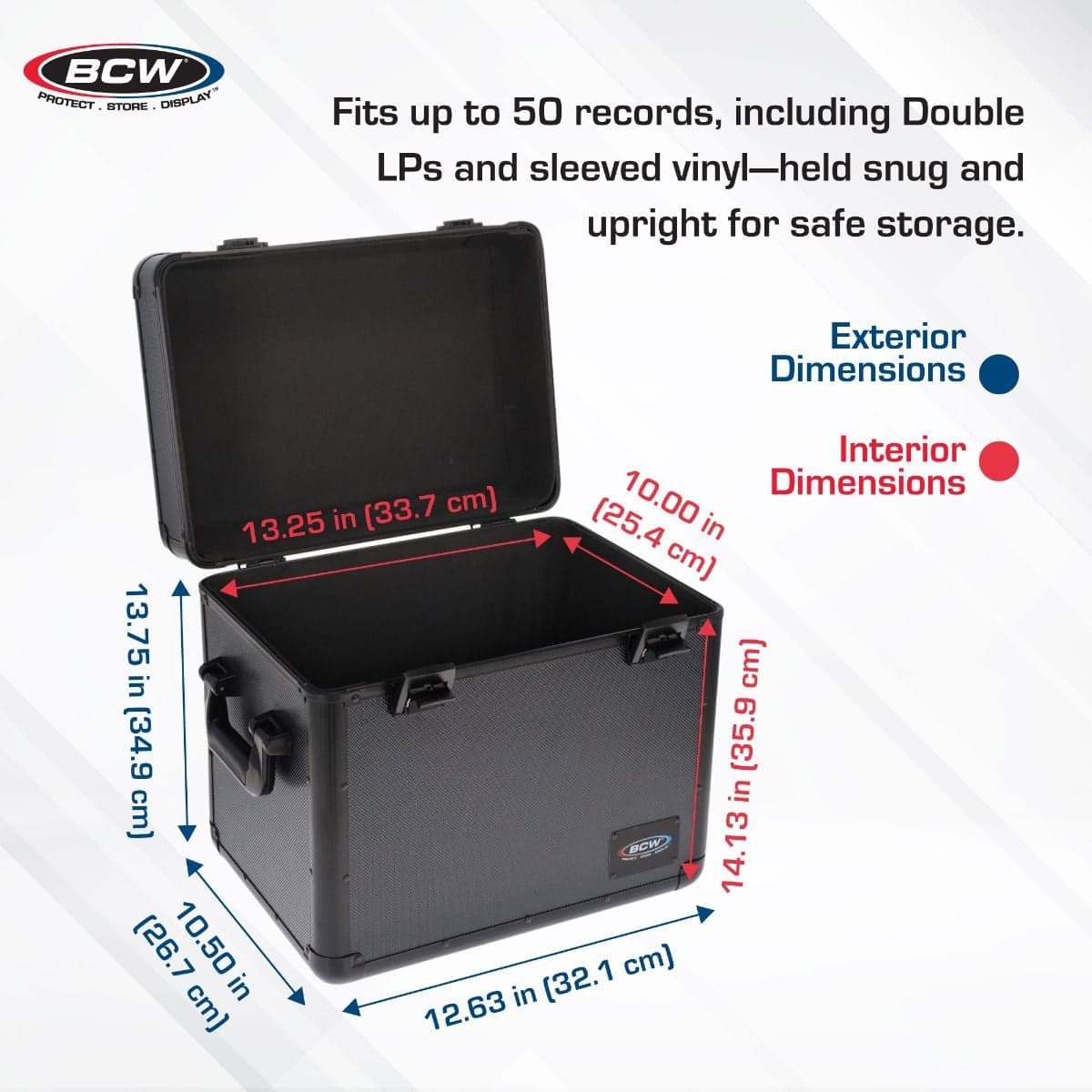 Infographic: Fits up to 50 records, including double LPs abd sleeved vinyl.