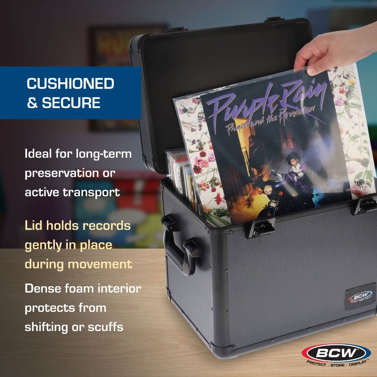 Infographic: Cushioned and Secure, Lid golds records gently in place during movement. Dense foam interior protects from shifting or scuffs