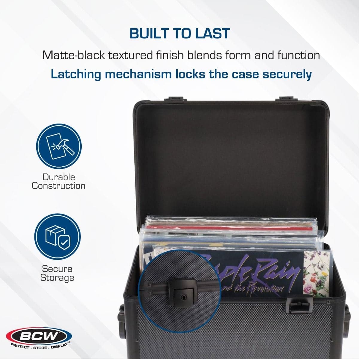 Infographic: Built to Last. Matte textured finish blends form and function. Latching mechanism locks the case securely.