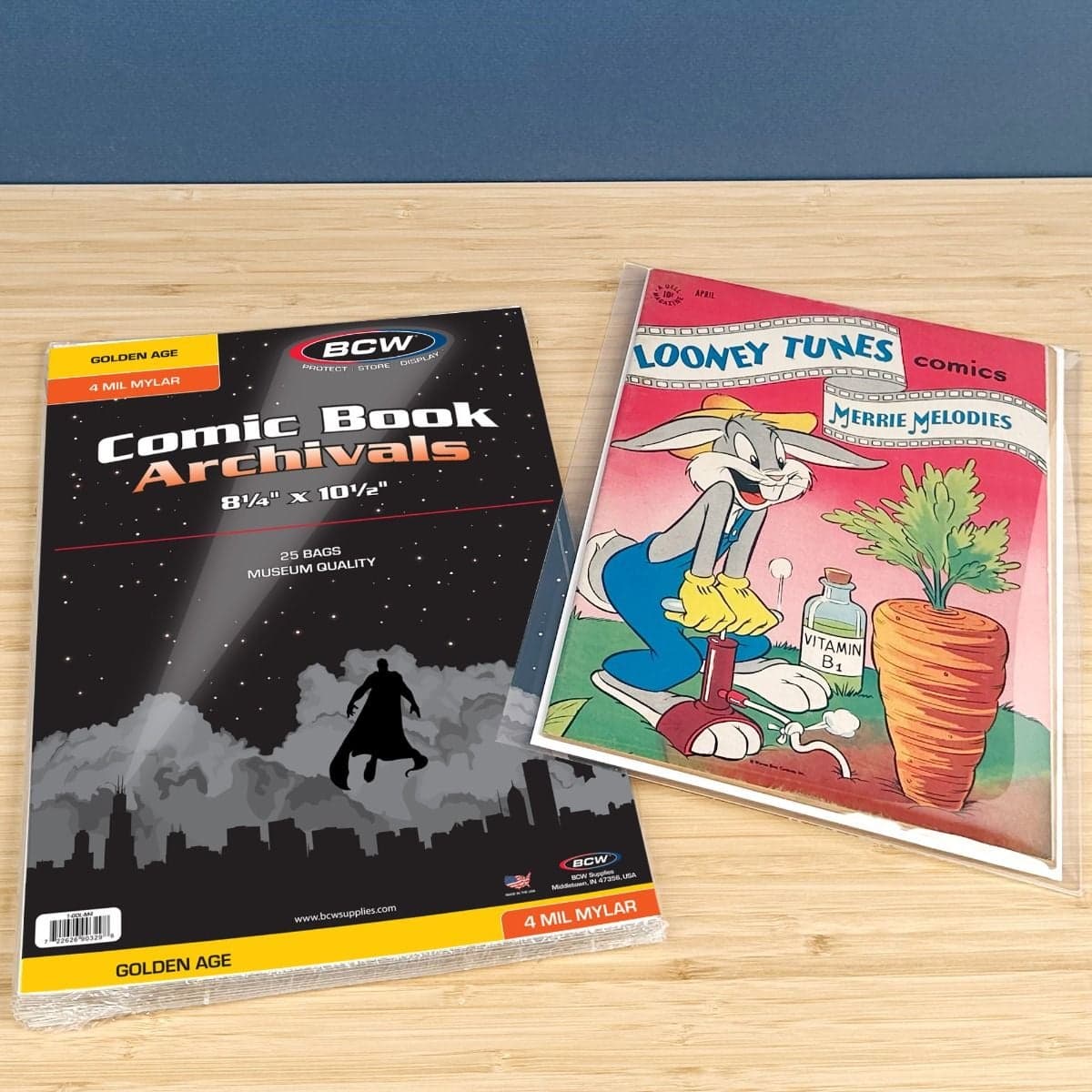 Package of BCW Golden Age Comic Book Archival Mylar Bags - 4 MIL with a golden age comic