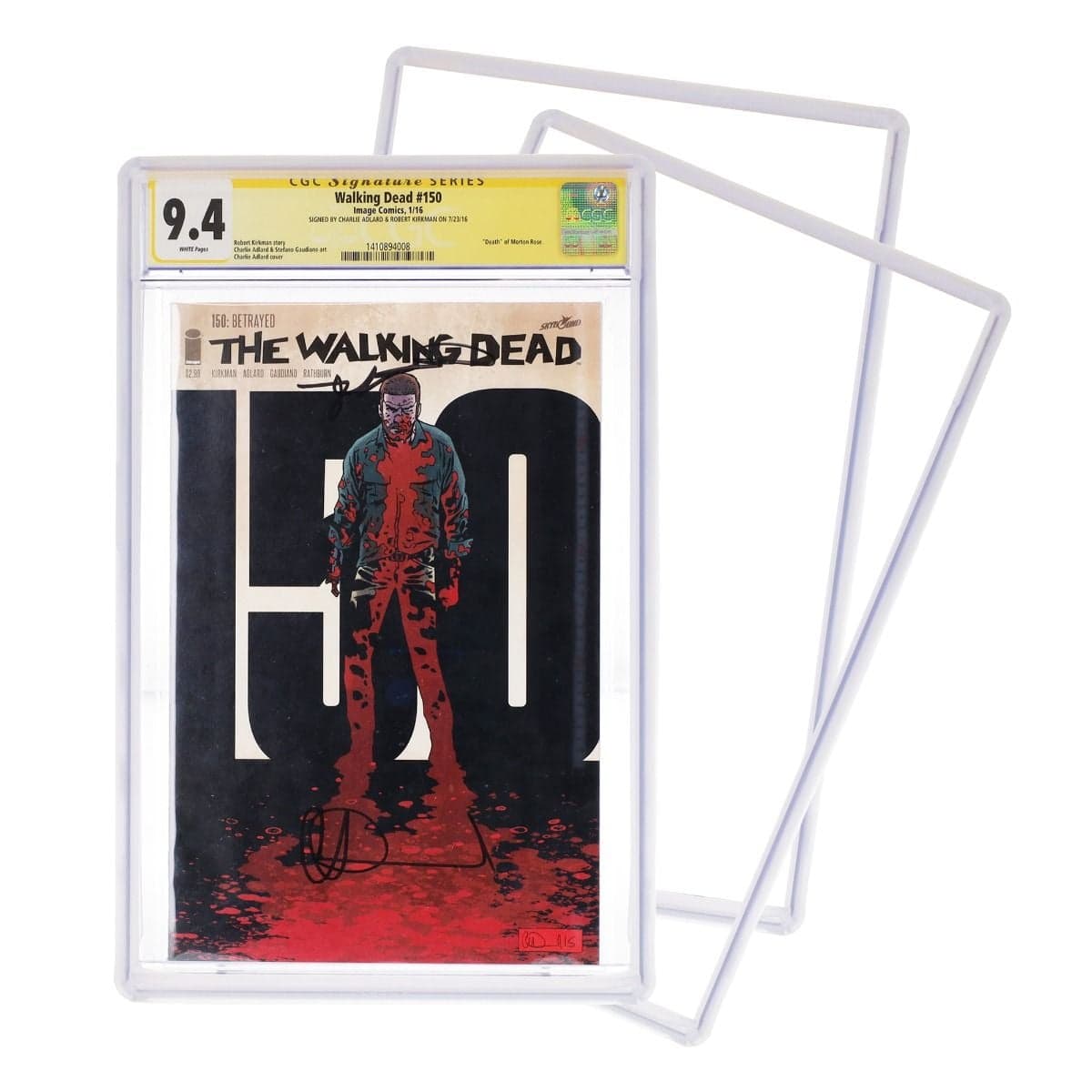 a BCW Graded Comic Slab Bumper applied to a CGC-graded comic book slab containing "The Walking Dead #150." The slab is stacked on top of two empty slabs, showcasing the 3 pack purchasable.