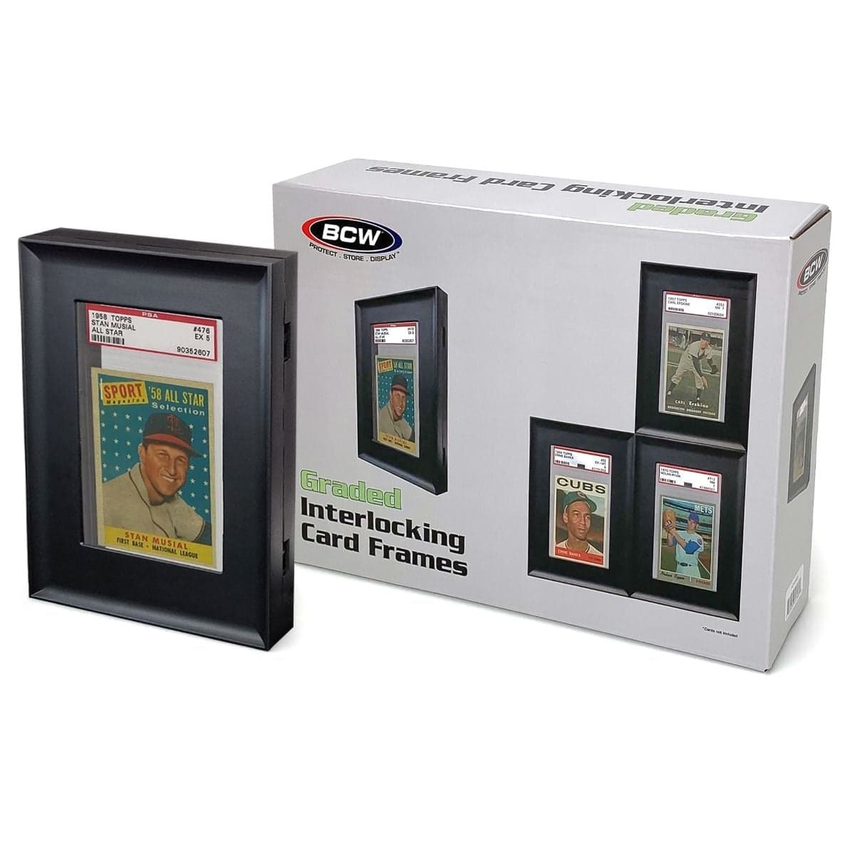 BCW interlocking graded card frame grouped with packaging