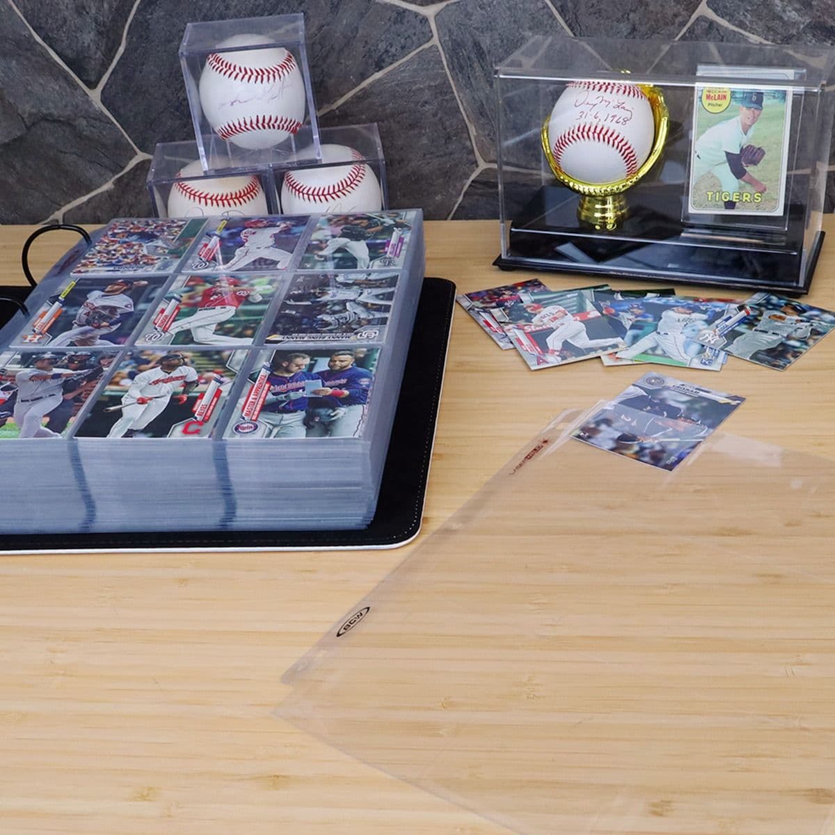 LaserWeld Pages - 9 Pocket - 100ct Pack table setting with baseball cards