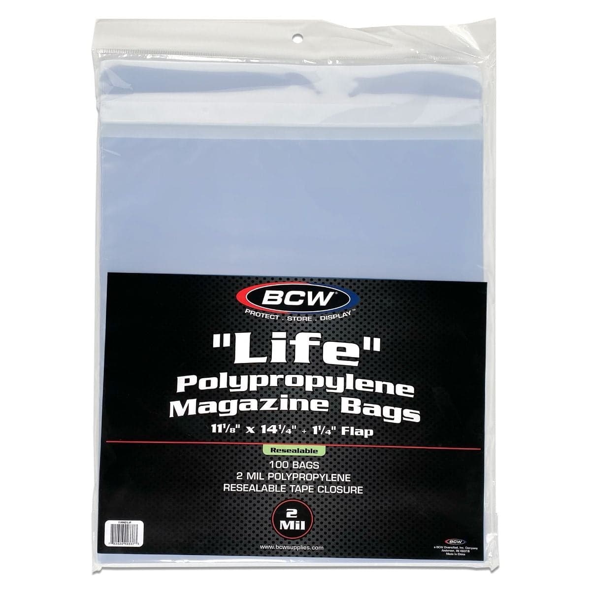 1 package of 100 BCW Polypropylene Magazine Bags sized for Life Magazines.