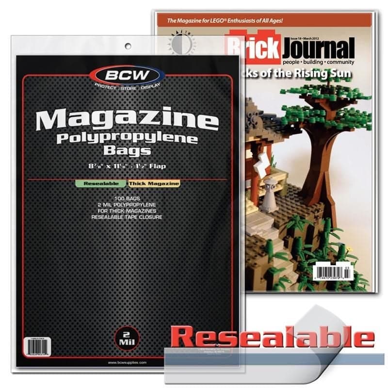 Package of BCW Resealable Magazine Bags - Thick in front of magazine in Resealable Magazine Bag - Thick