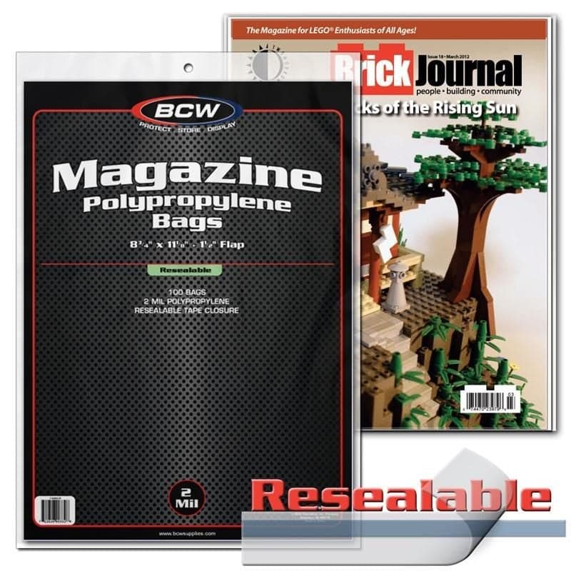 Package of Resealable Magazine Bags in front of magazine in Resealable Magazine Bag
