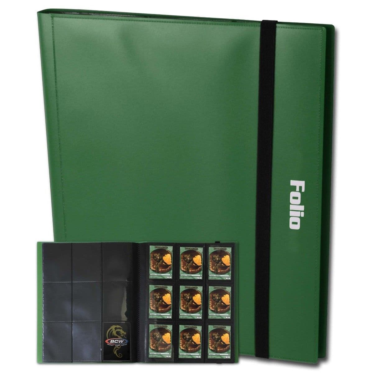 One green BCW 9 pocket folio with a smaller image of the folio open with cards inside.