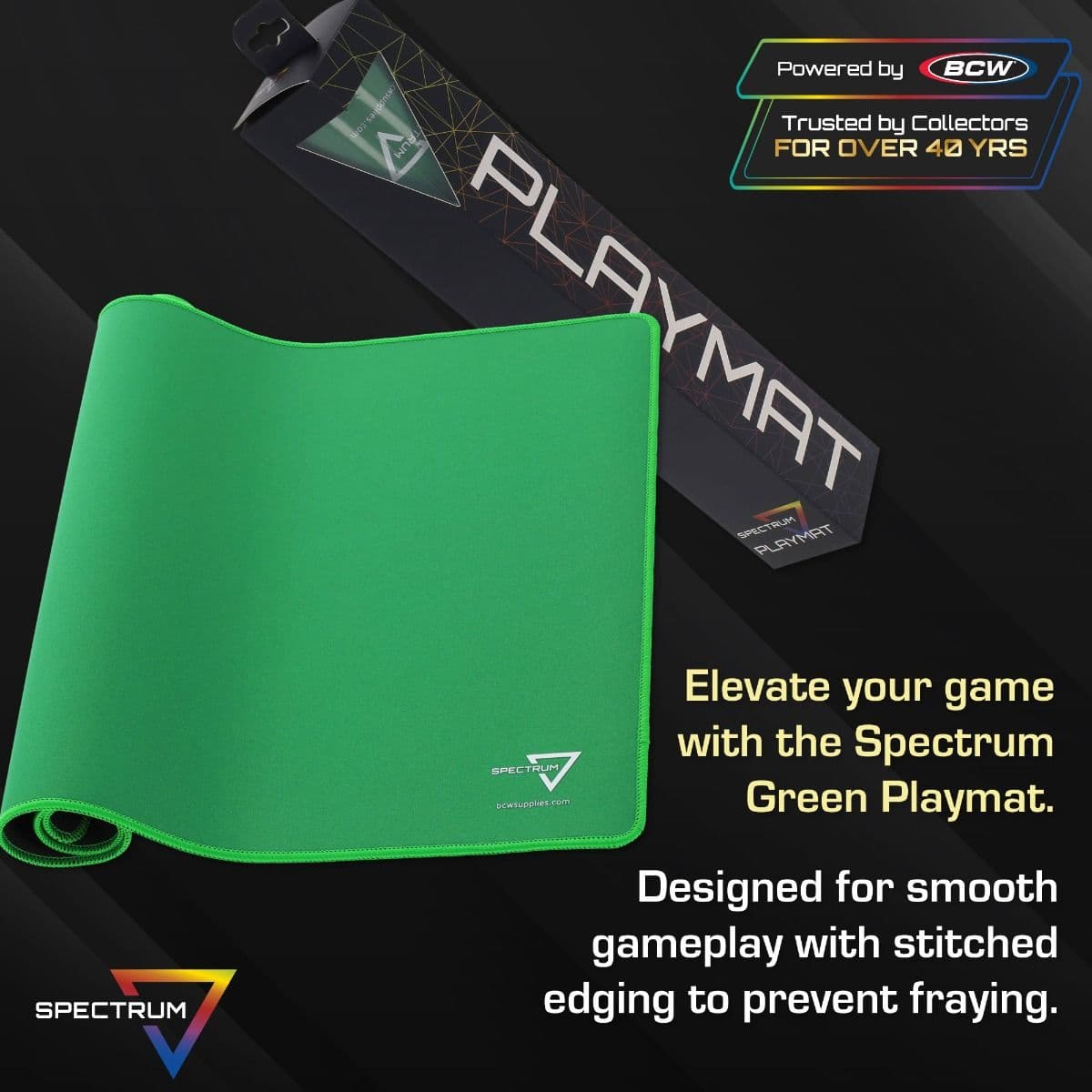 Infographic: Elevate your game with the Spectrum Green Playmat. Designed for smooth gameplay with stitched edging to prevent fraying.
