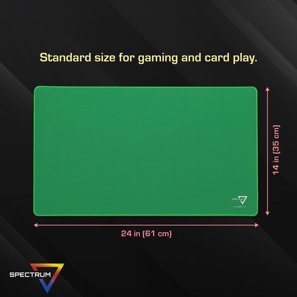 Infographic: Standard Size for gaming and card play, Green mat laid out with dimensions listed.