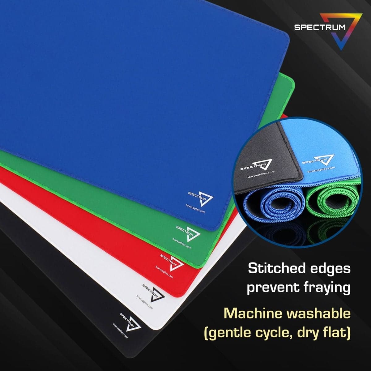Infographic: Stitched edges prevent fraying. Machine Washable. mats of all colors spread out showing the stitching.