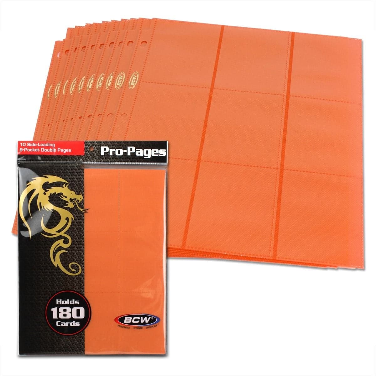 Pack of BCW orange 18-pocket pages over spread of several pages