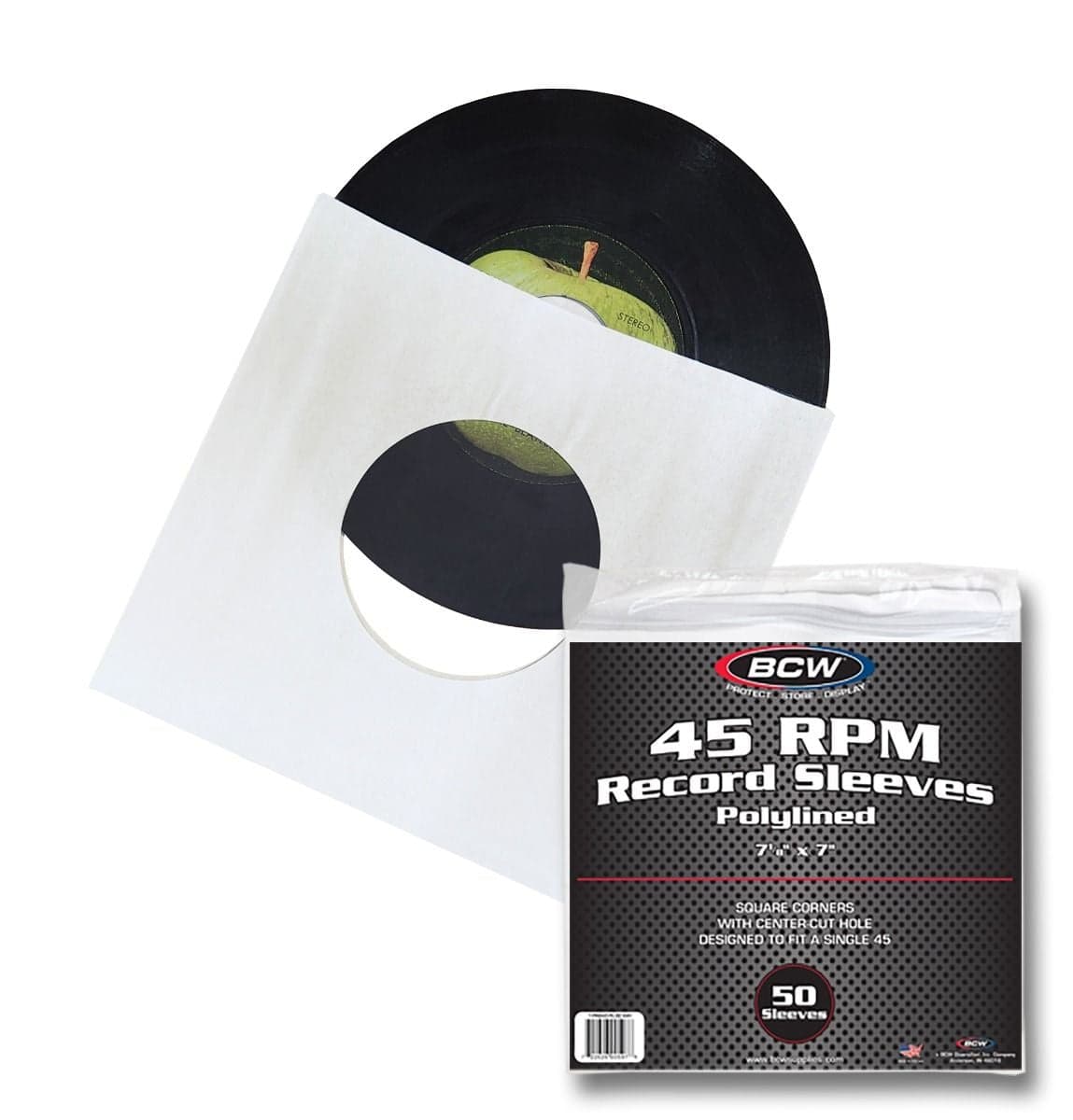 Package of BCW Paper Record Sleeves 45 RPM - Polylined - SQ Corners - With Hole on top of record sleeve with record sticking out