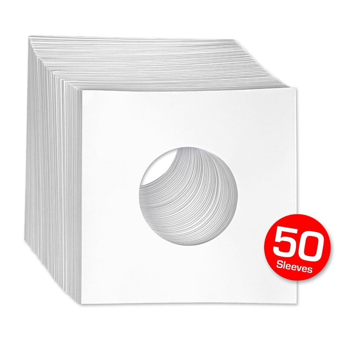 7 Inch Record Paper Inner Sleeves - Square Corners - With Hole - White stack of 50 empty sleeves